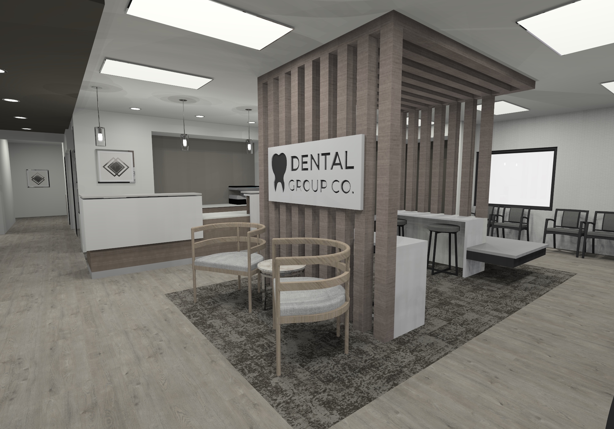 Environmental render of the practice entry way including logo wall.
