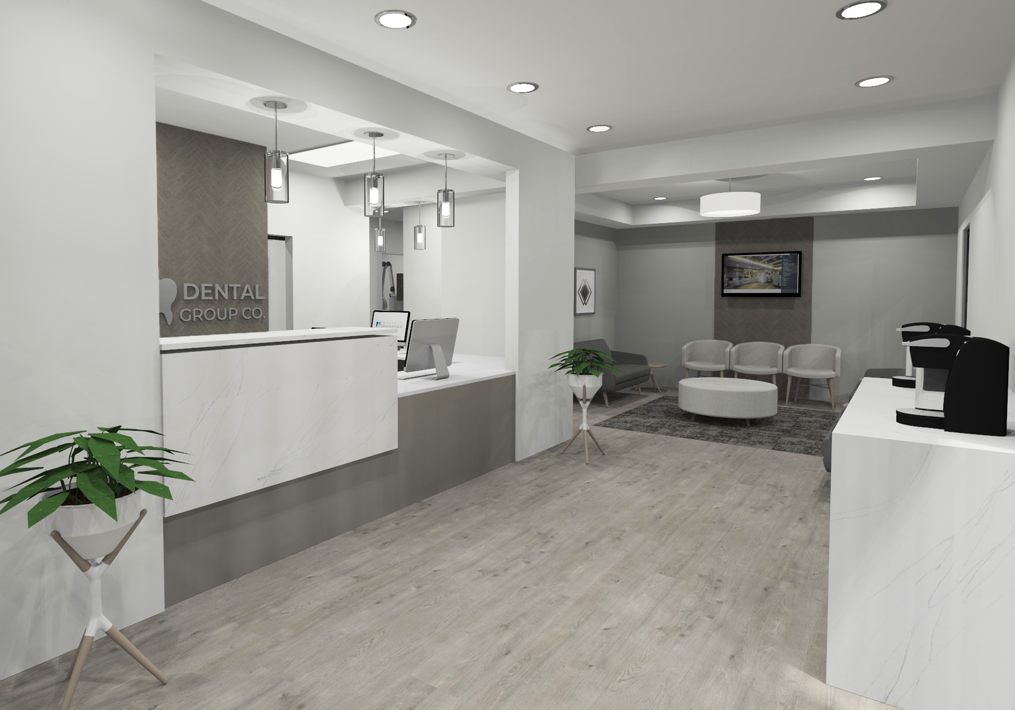 Rendering of reception desk and shared waiting room between the doctors' wings